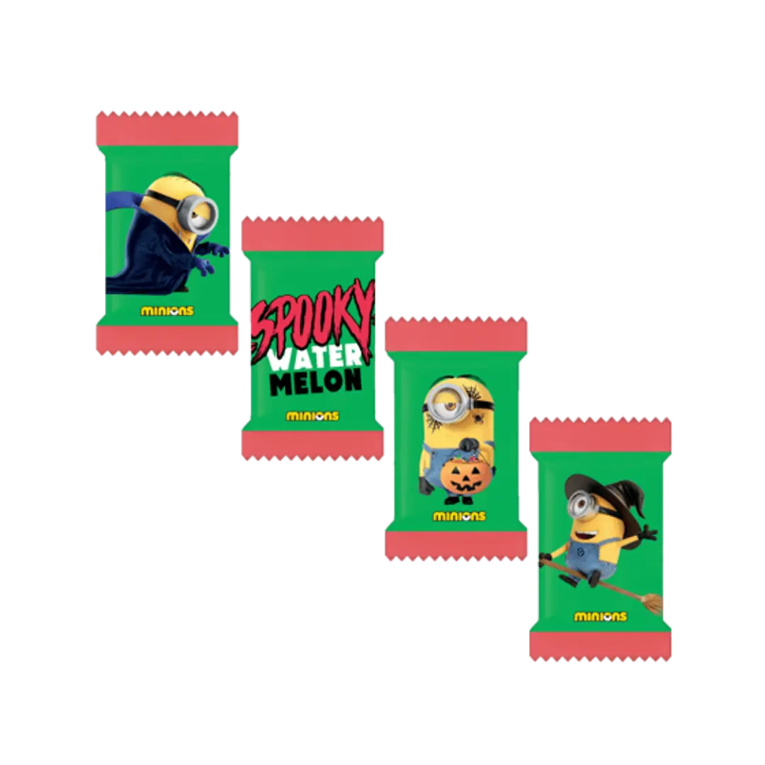 „Minions Spooky Watermelon“ – juodi Helovino tematikos želė saldainiai su arbūzų skoniu, 150 g pakuotė su Minionais.
