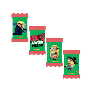 „Minions Spooky Watermelon“ – juodi Helovino tematikos želė saldainiai su arbūzų skoniu, 150 g pakuotė su Minionais.