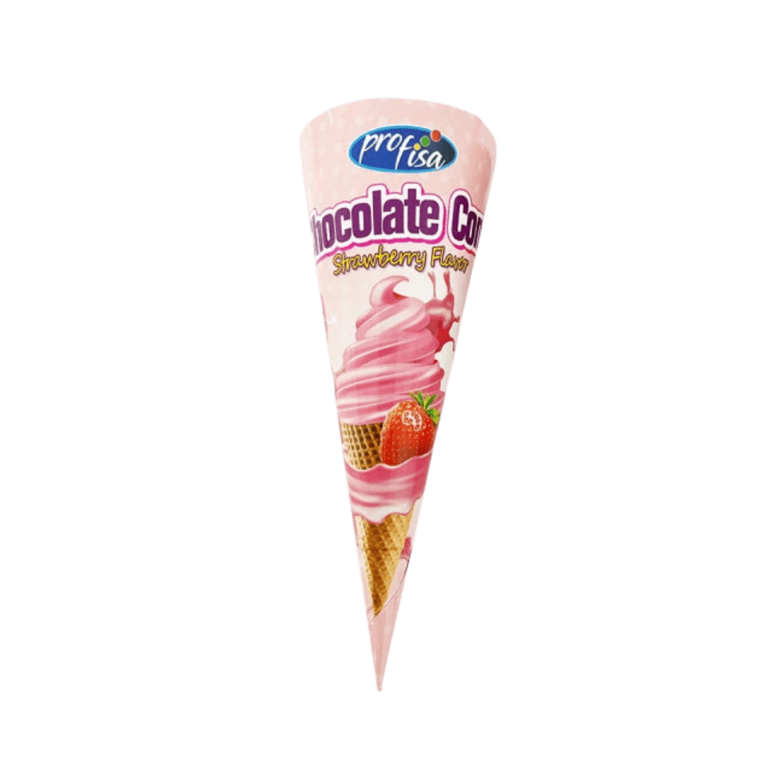 Chocolate Cone – vaflinis saldainis su šokolado ir braškių skonio kremu pakuotė