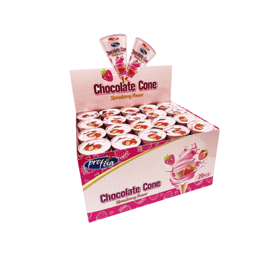 Chocolate Cone – vaflinis saldainis su šokolado ir braškių skonio kremu dėžė