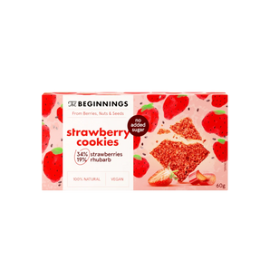 RAW braškiniai sausainiai be pridėtinio cukraus, su rabarbarais, kokosų drožlėmis ir čija sėklomis, 60 g pakuotė.