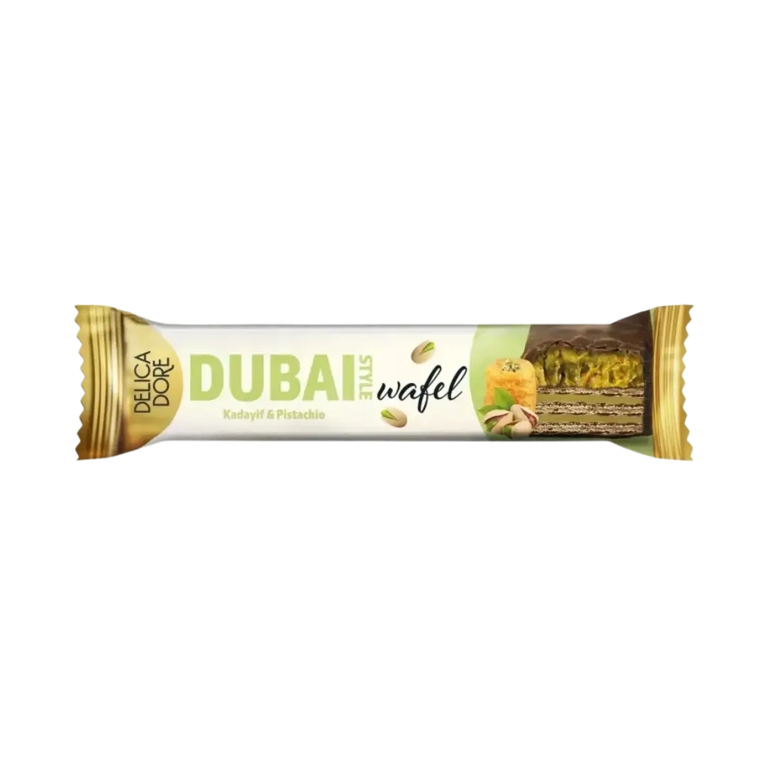 Vaflinis batonėlis Delicadore Dubai su pistacijomis ir kadayif tešla, bonboni šokoladukai
