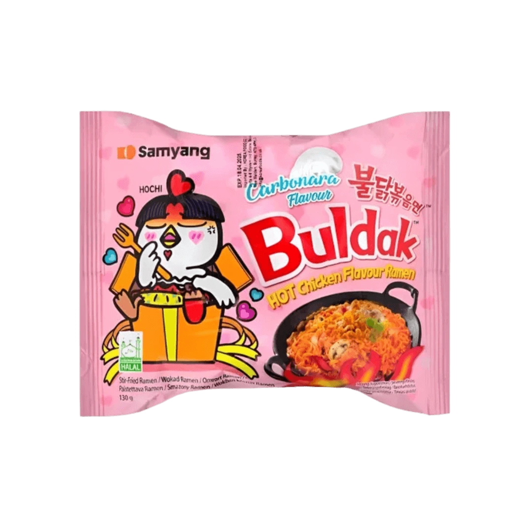 „Samyang Buldak Carbonara“ – aštraus ir kreminio skonio ramenas, 130 g pakuotė.