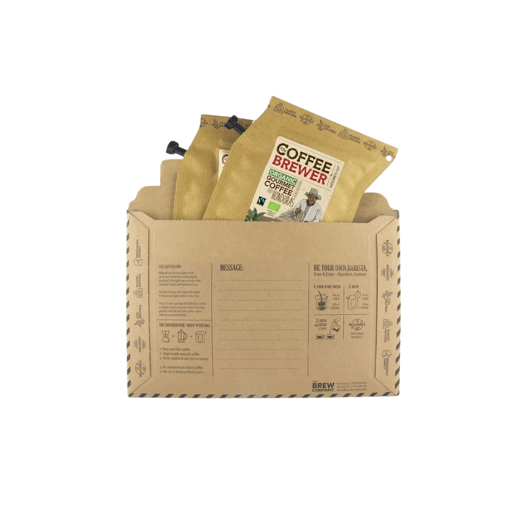 Atviruko Su Kava Specialty Coffee Travel Kit, THE BREW COMPANY galinė dalis su pakeliais, bonboni 