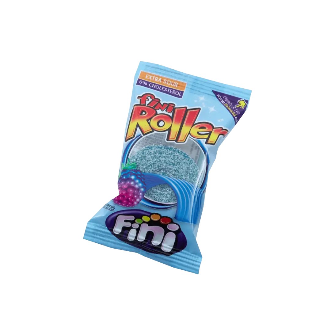 Fini „Fizzy Raspberry Rollers“ – aviečių skonio saldainių juostelės, spalvinga pakuotė.