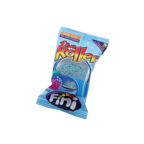Fini „Fizzy Raspberry Rollers“ – aviečių skonio saldainių juostelės, spalvinga pakuotė.