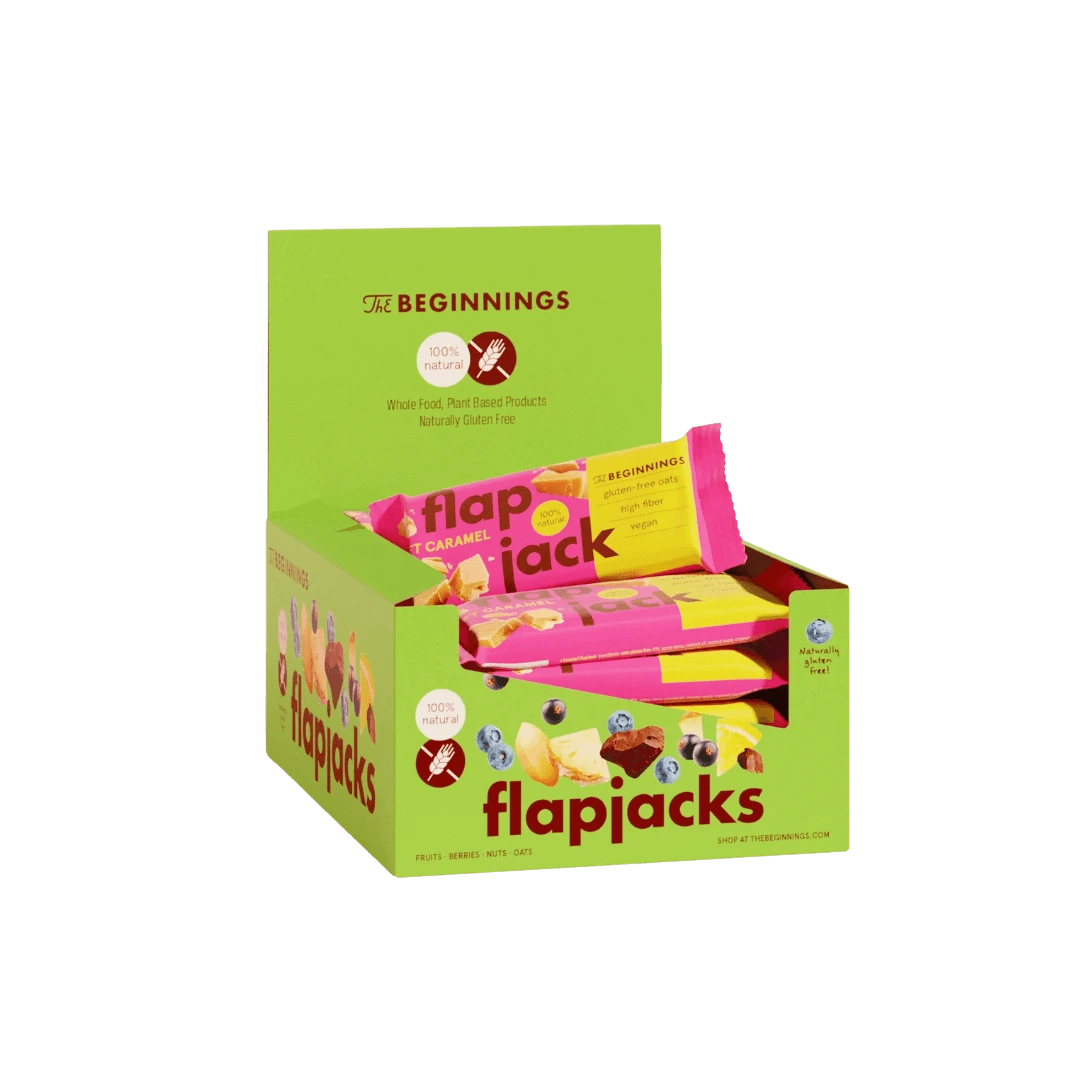 Avižinis batonėlis FlapJack su karamele, be glitimo ir tinkantis veganams, 60 g – natūralių ingredientų užkandis su karamele