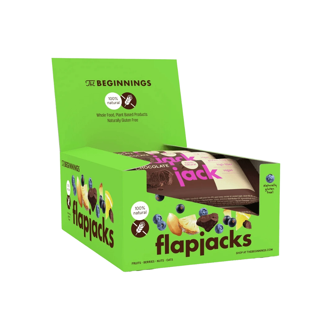 Avižinis batonėlių FlapJack su kakava ir kakavos gabalėliais dežė, tinka veganams ir yra be glitimo, 60 g.