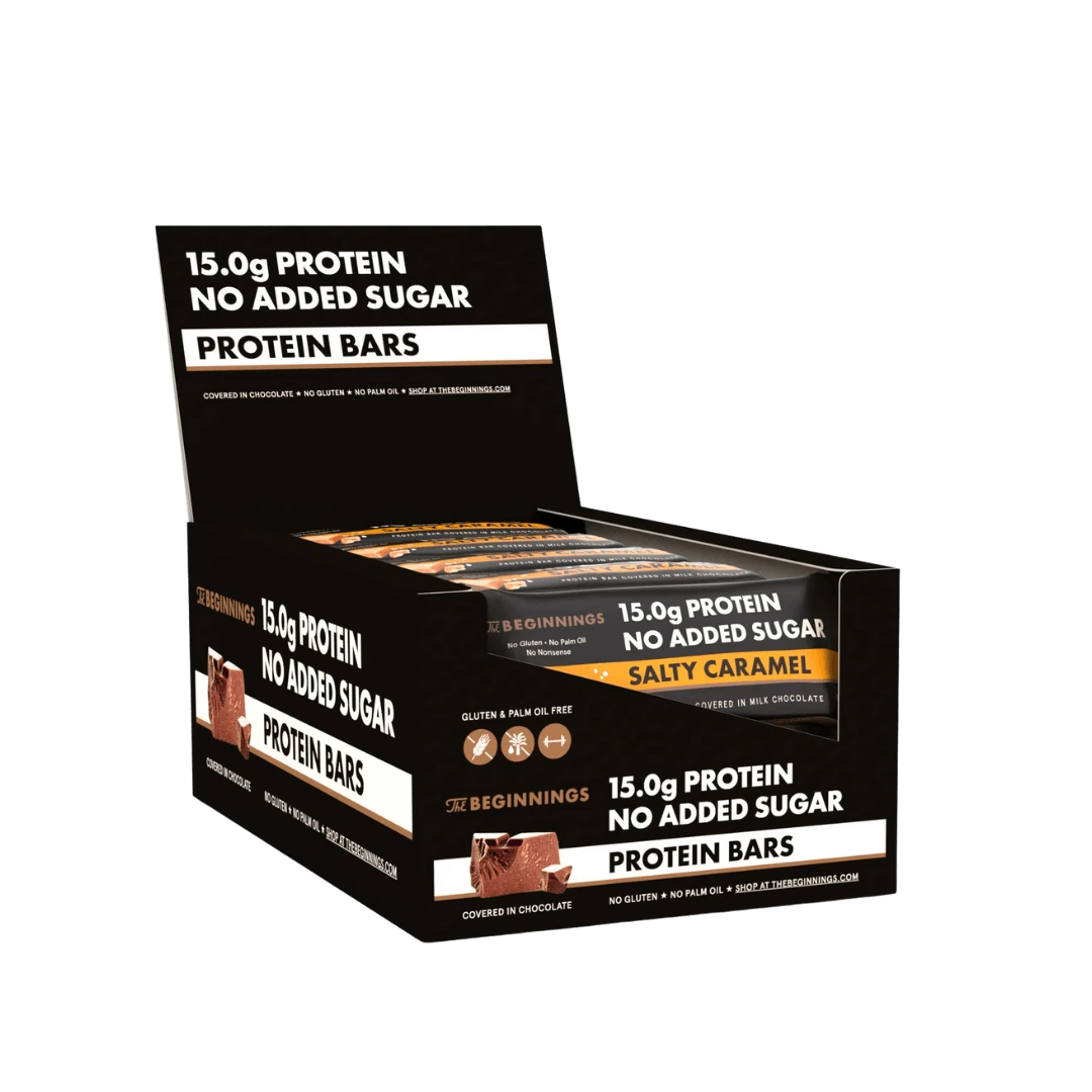 Baltyminių batonėlių „Salty Caramel Protein Bar“ su pieniniu šokoladu ir sūria karamele dežė, be pridėtinio cukraus, be glitimo.
