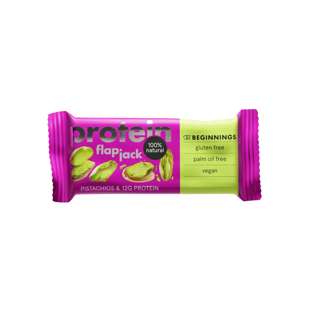 Baltyminis batonėlis su pistacijomis Protein Pistachios FlapJack – augalinės kilmės baltymų batonėlis be glitimo ir be palmių aliejaus, The Beginnings, Bonboni parduotuve