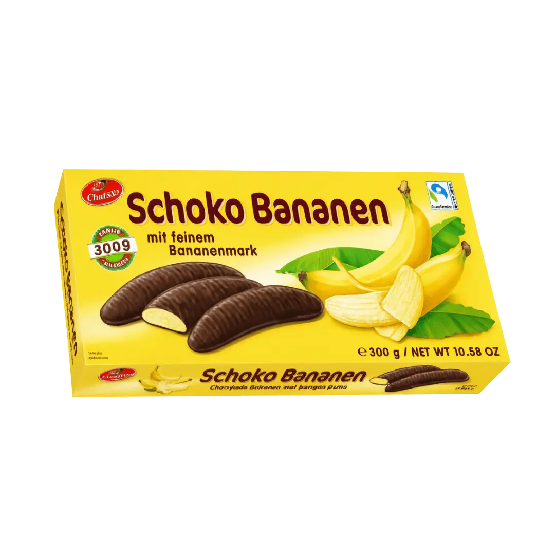 Sir Charles Schoko Bananen – bananinio suflė saldainiai su tamsiu šokoladu 300 g pakuotėje.