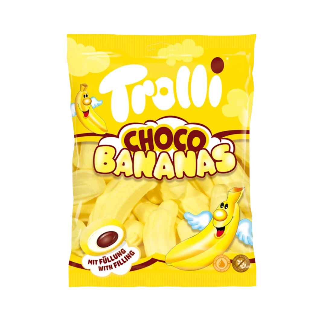„Trolli Choco Bananas“ – minkšti bananų formos zefyriniai saldainiai su kakavos kremu, be glitimo ir laktozės