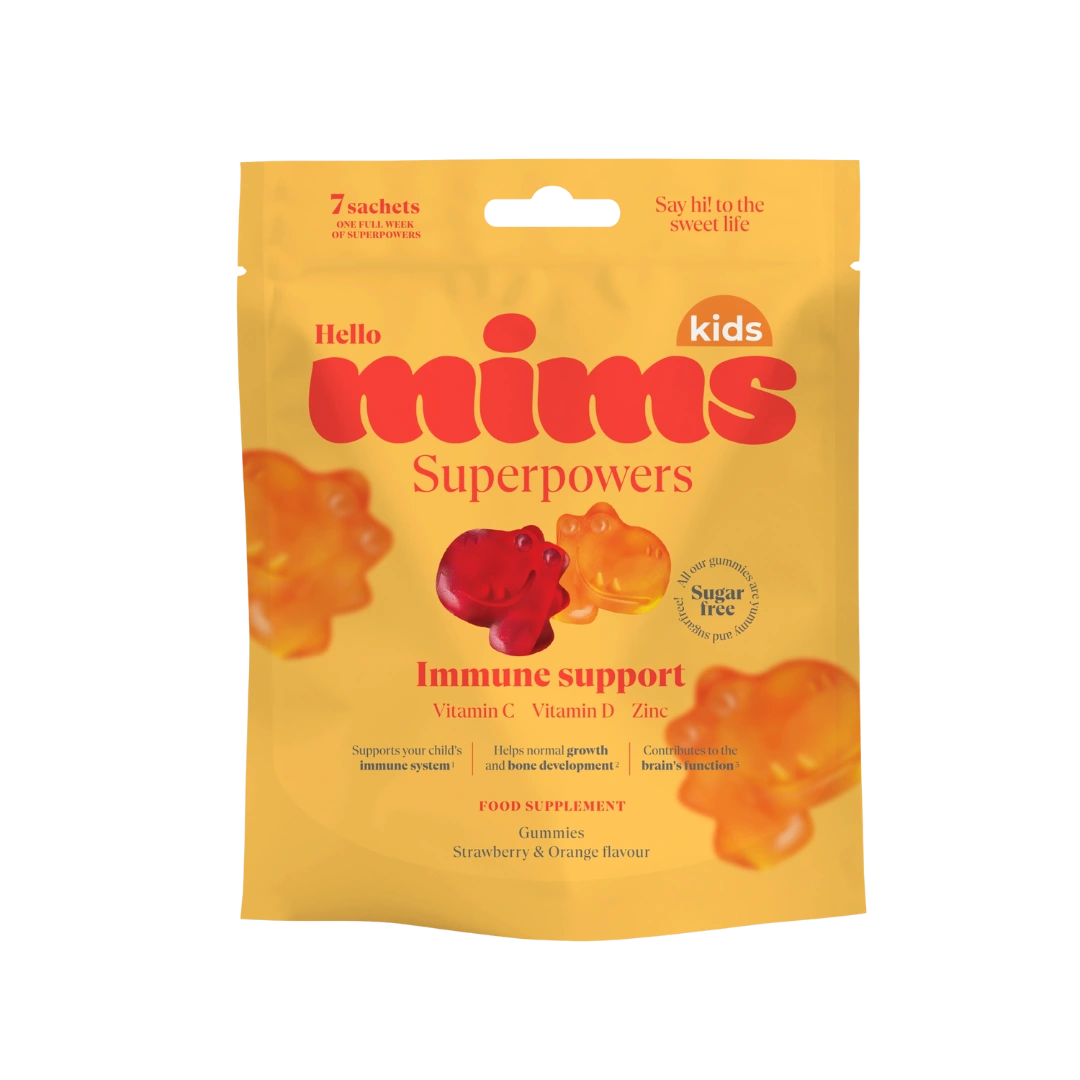 MIMS Immune Support Kids – braškių ir apelsinų skonio vitaminų guminukai vaikams, 87,5 g pakuotė.