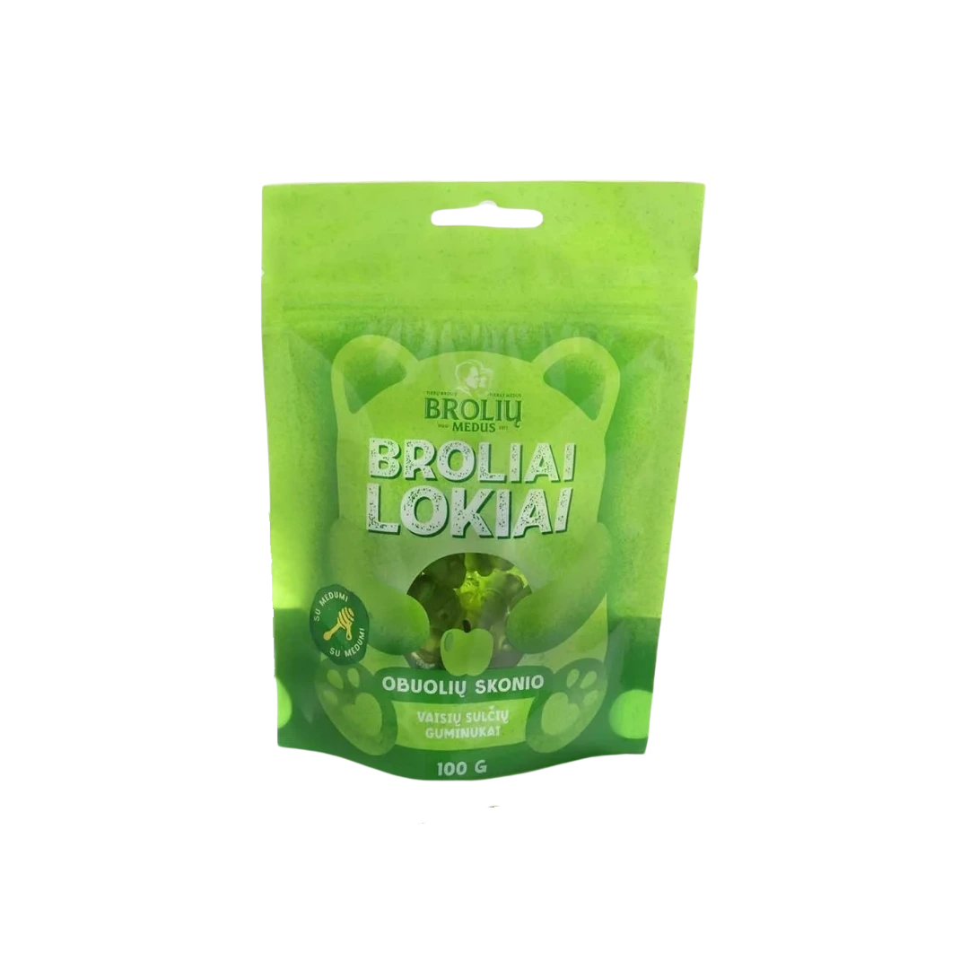 Obuolių skonio guminukai su medumi BROLIAI LOKIAI 100 g – obuoliniai minkšti guminukai bonboni parduotuveje