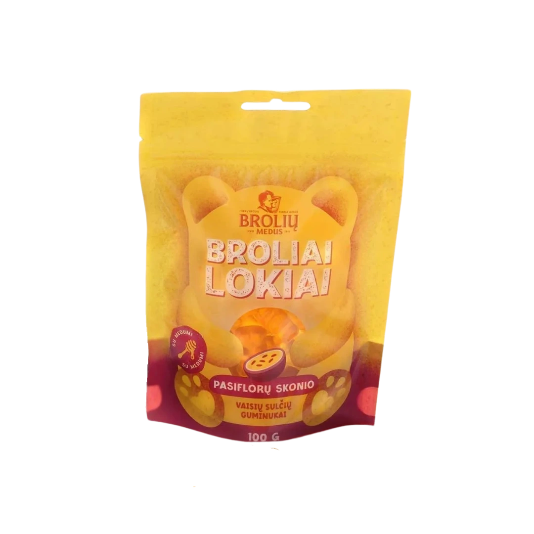 Pasiflorų skonio guminukai su medumi BROLIAI LOKIAI 100 g – pasifloriniai minkšti guminukai bonboni parduotuveje