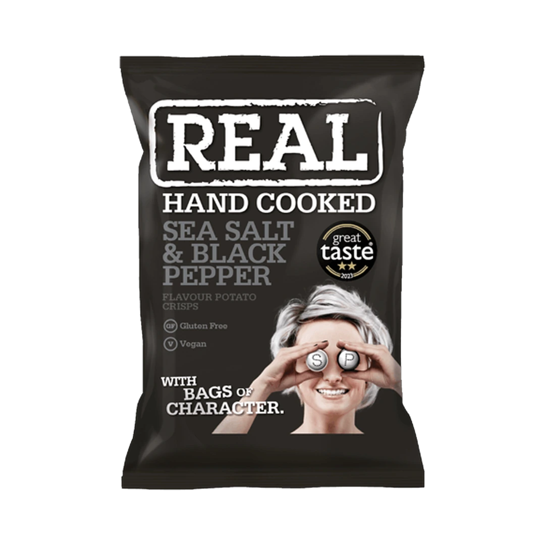 Bulvių traškučiai su jūros druska ir juodaisiais pipirais REAL, 150 g