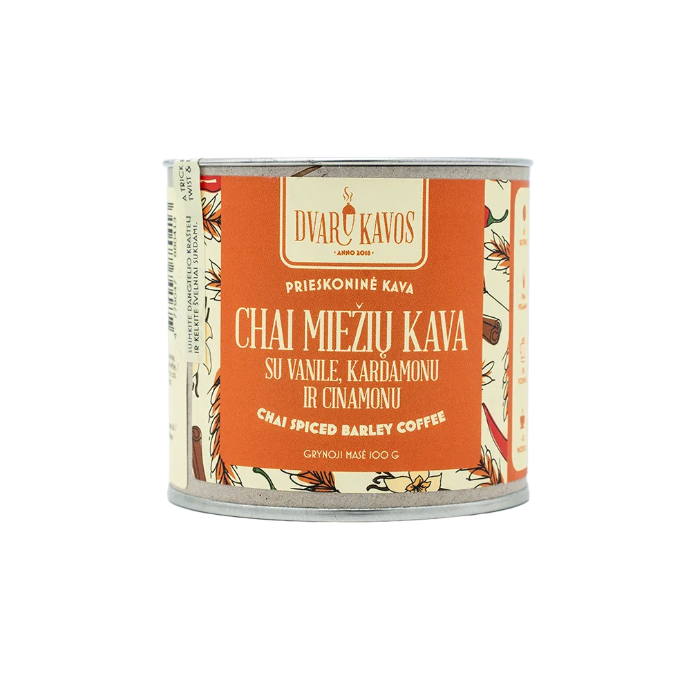 „Chai miežių kava“ – bekofeinė miežių kava su cinamonu, imbieru, kardamonu ir kitais chai prieskoniais.