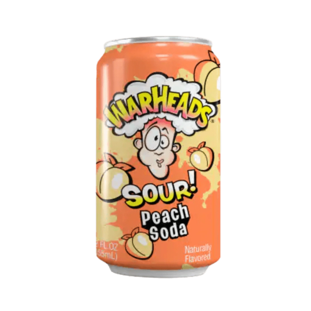 Warheads Peach Sour Soda – rūgštaus persiko skonio gazuotas gėrimas 330 ml skardinėje.