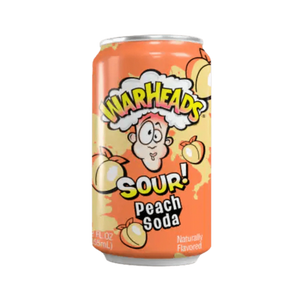 Warheads Peach Sour Soda – rūgštaus persiko skonio gazuotas gėrimas 330 ml skardinėje.