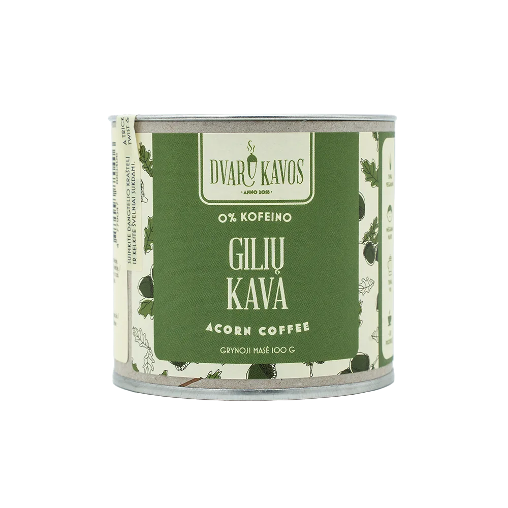 „Gilių kava“ – 100 % natūrali, be kofeino, karamelės ir riešutų natų skonio gėrimo mišinys.