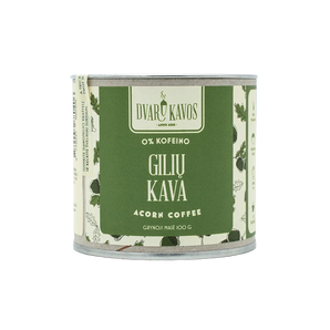 „Gilių kava“ – 100 % natūrali, be kofeino, karamelės ir riešutų natų skonio gėrimo mišinys.