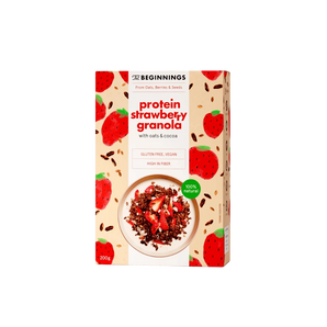 Granola su be glitimo avižomis, braškėmis, kakava ir augaliniu žirnių baltymu, 200 g.