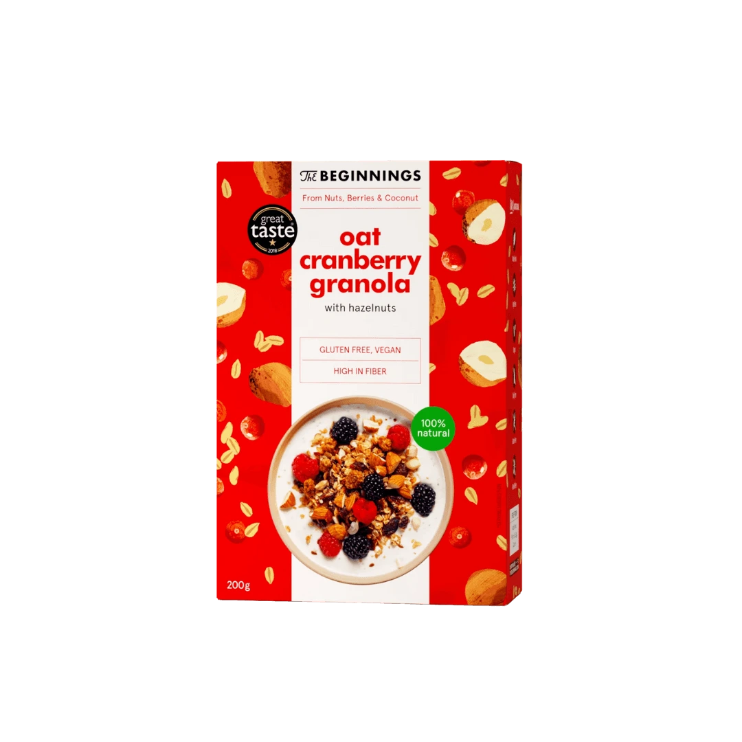 Granola su šaltyje džiovintomis spanguolėmis, lazdynų riešutais ir linų sėmenimis, 200 g.