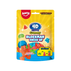 Amos 4D Gummy Blockman Dress Up vaisių skonio guminukai – konstrukuojamos figūrėlės, 64 g pakuotė.
