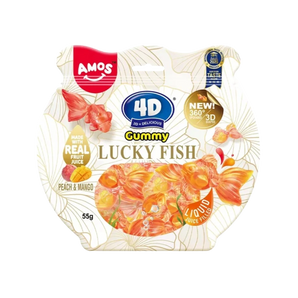 „Amos 4D Goldfish Peach Mango“ – persikų ir mangų skonio žuvelių formos guminukai, 60 g pakuotė.