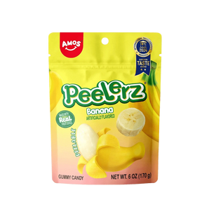 „Amos Peelerz Banana“ – sluoksniuoti guminukai su bananų skoniu, 65 g pakuotė.