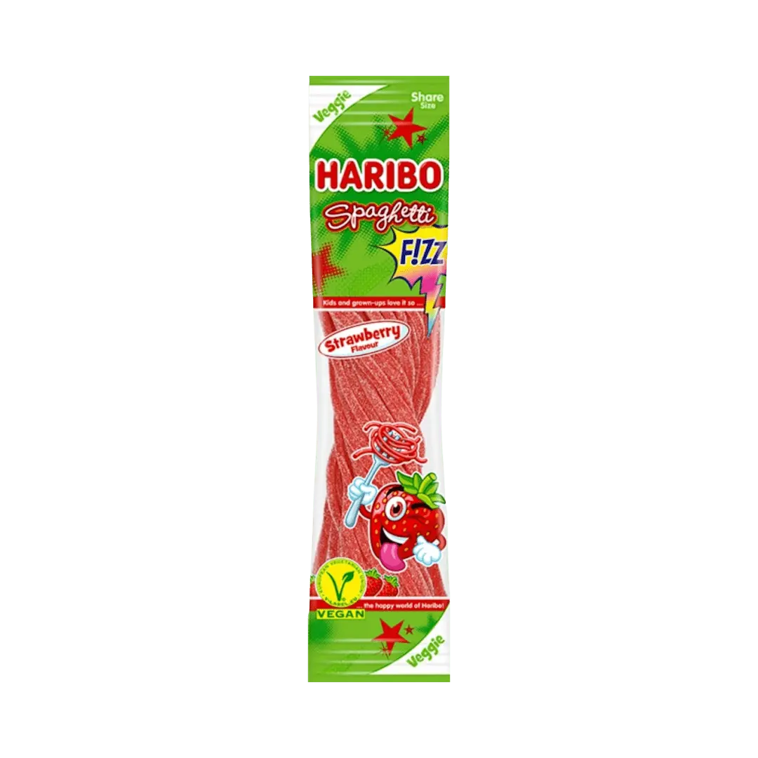 „Haribo Spaghetti Strawberry“ – braškių skonio spagečių formos želė saldainiai rūgščioje glazūroje, 200 g pakuotė.
