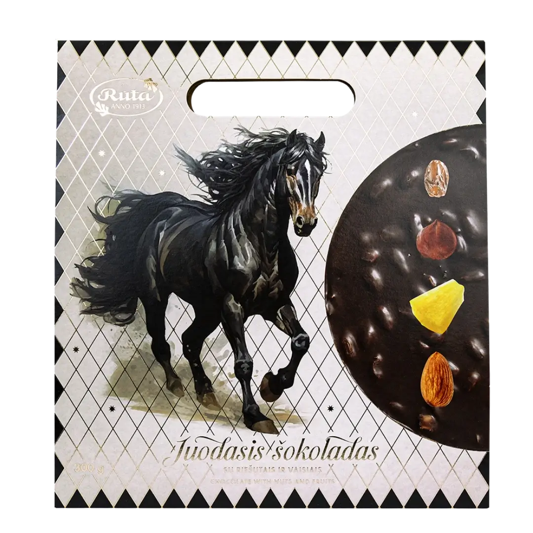 Juodasis šokoladas su riešutais ir vaisiais Kalėdinė pakuotė su juoduoju žirgu, Rūta