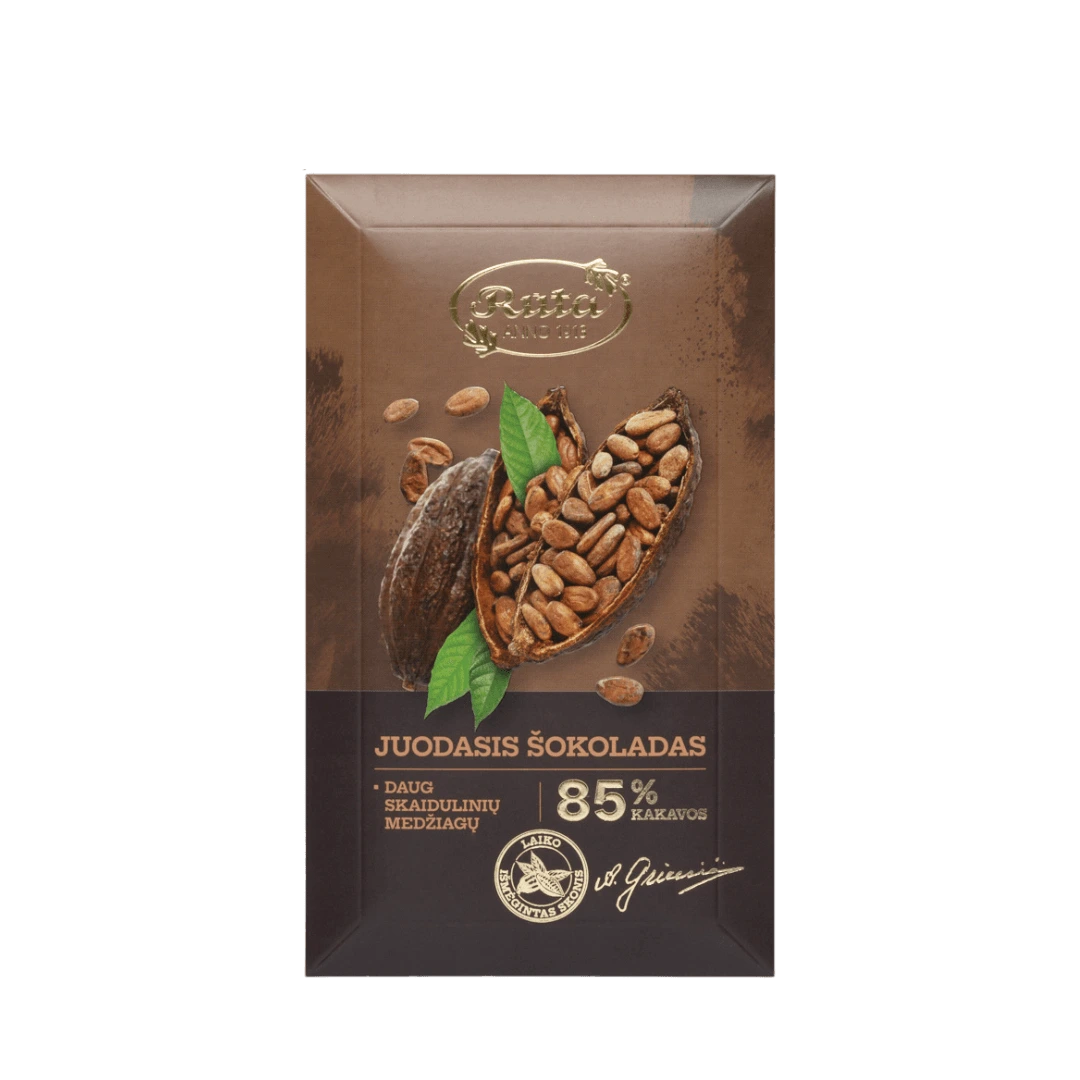 Juodasis šokoladas su 85 % kakavos, sodraus ir turtingo skonio, prabangi pakuotė, 90 g.
