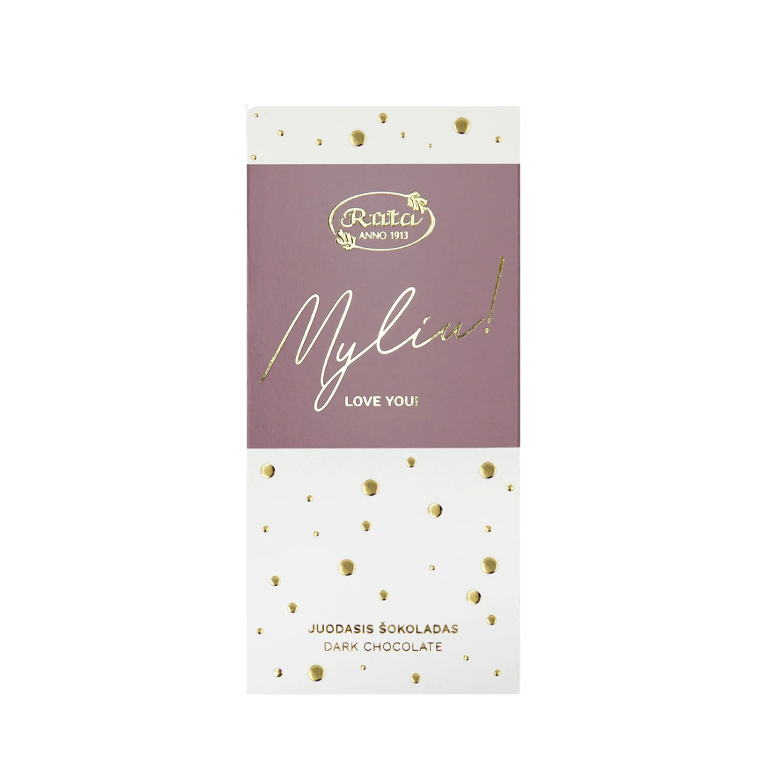 Juodasis šokoladas „Myliu!“, 55 % kakavos, elegantiška pakuotė su aukso detalėmis, 70 g.