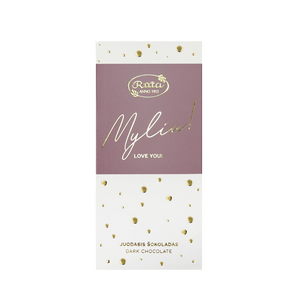 Juodasis šokoladas „Myliu!“, 55 % kakavos, elegantiška pakuotė su aukso detalėmis, 70 g.