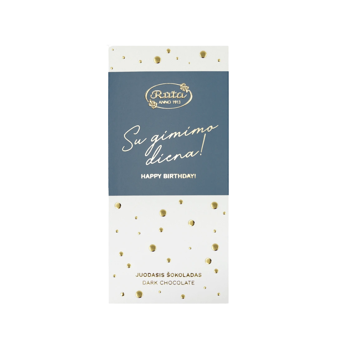 Juodasis šokoladas „Su gimimo diena!“, 55 % kakavos, elegantiško dizaino pakuotė su aukso detalėmis, 70 g.