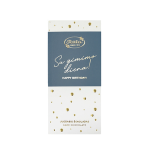 Juodasis šokoladas „Su gimimo diena!“, 55 % kakavos, elegantiško dizaino pakuotė su aukso detalėmis, 70 g.