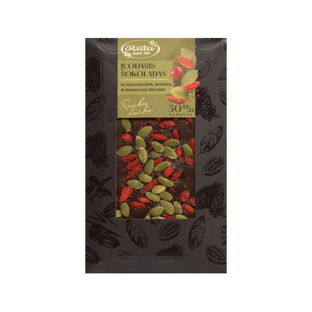 Juodasis šokoladas su 50 % kakavos, goji uogomis, moliūgų ir spanguolių sėklomis, rankų darbo, 100 g.