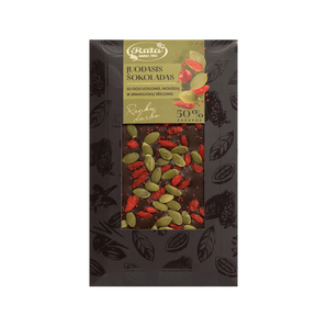 Juodasis šokoladas su 50 % kakavos, goji uogomis, moliūgų ir spanguolių sėklomis, rankų darbo, 100 g.
