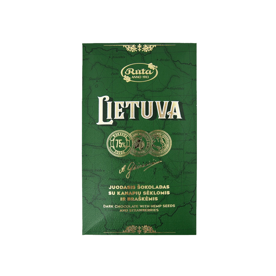 Juodasis šokoladas „Lietuva“ su 75 % kakavos, kanapių sėklomis ir liofilizuotomis braškėmis, 90 g, pakuotė su Lietuvos simbolika.