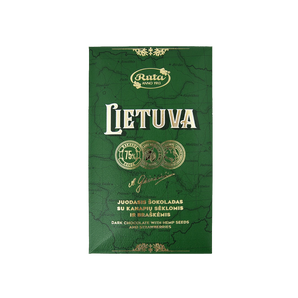 Juodasis šokoladas „Lietuva“ su 75 % kakavos, kanapių sėklomis ir liofilizuotomis braškėmis, 90 g, pakuotė su Lietuvos simbolika.