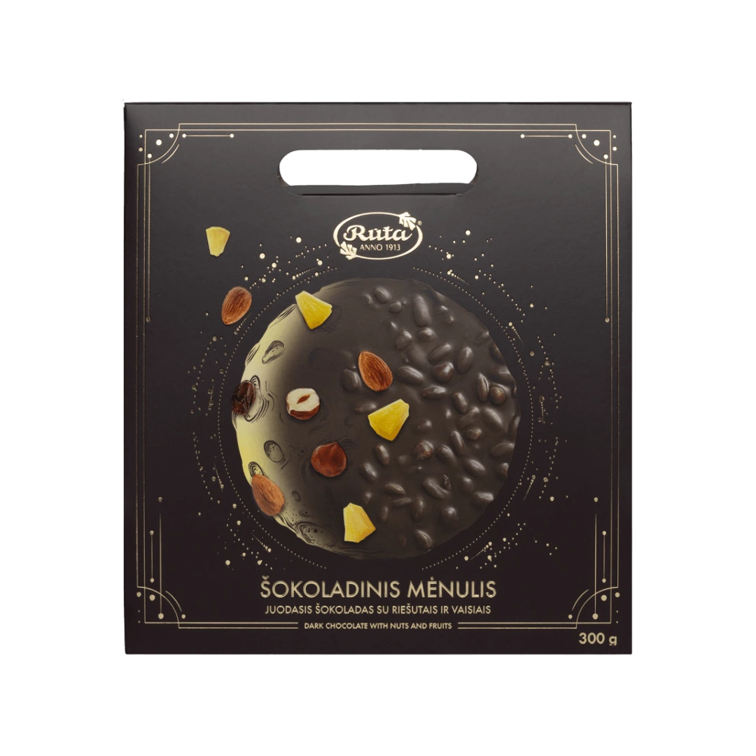 „Šokoladinis Mėnulis“ – juodasis šokoladas su migdolais, lazdyno riešutais, džiovintais ananasais ir razinomis, 300 g, elegantiška kosmoso tematikos pakuotė.