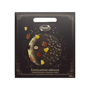 „Šokoladinis Mėnulis“ – juodasis šokoladas su migdolais, lazdyno riešutais, džiovintais ananasais ir razinomis, 300 g, elegantiška kosmoso tematikos pakuotė.