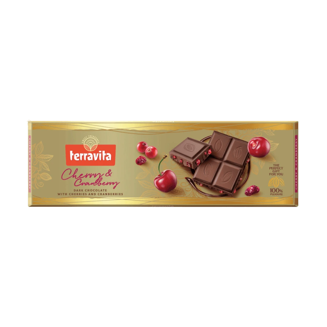 Juodasis šokoladas su spanguolių ir vyšnių gabaliukais, 225 g plytelė.