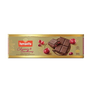 Juodasis šokoladas su spanguolių ir vyšnių gabaliukais, 225 g plytelė.