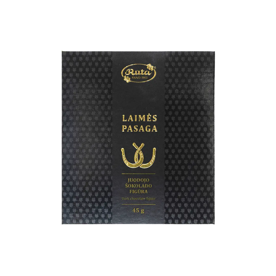 Juodojo šokolado (50 %) figūra „Laimės pasaga”, 45 g, suvenyrinė dovana sėkmei