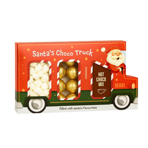 „Santa’s Hot Chocolate Truck“ – kalėdinis rinkinys su geriamojo šokolado milteliais, mini zefyriukais ir pieniško šokolado saldainiais