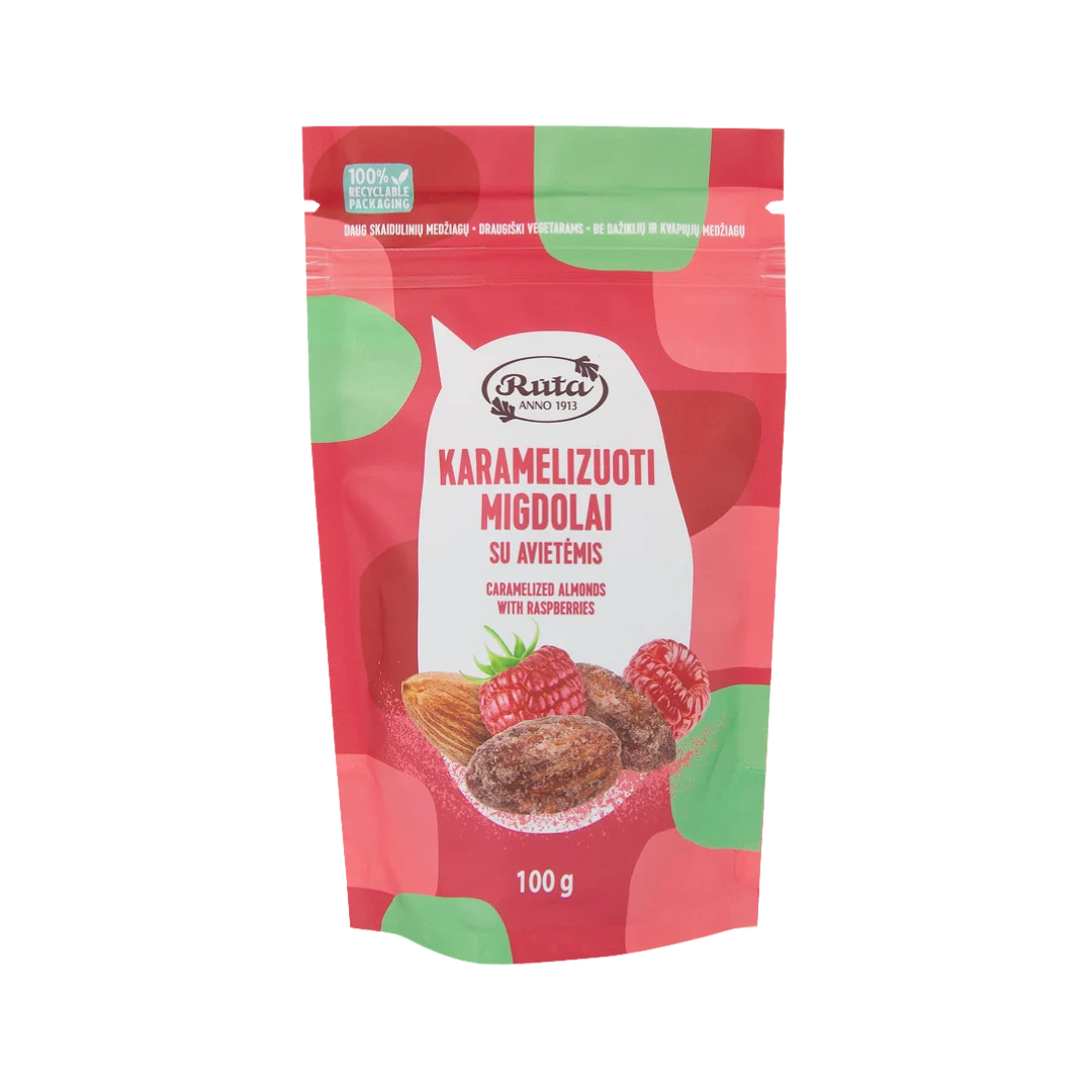 Karamelizuoti migdolai su avietėmis, RŪTA, 100 g