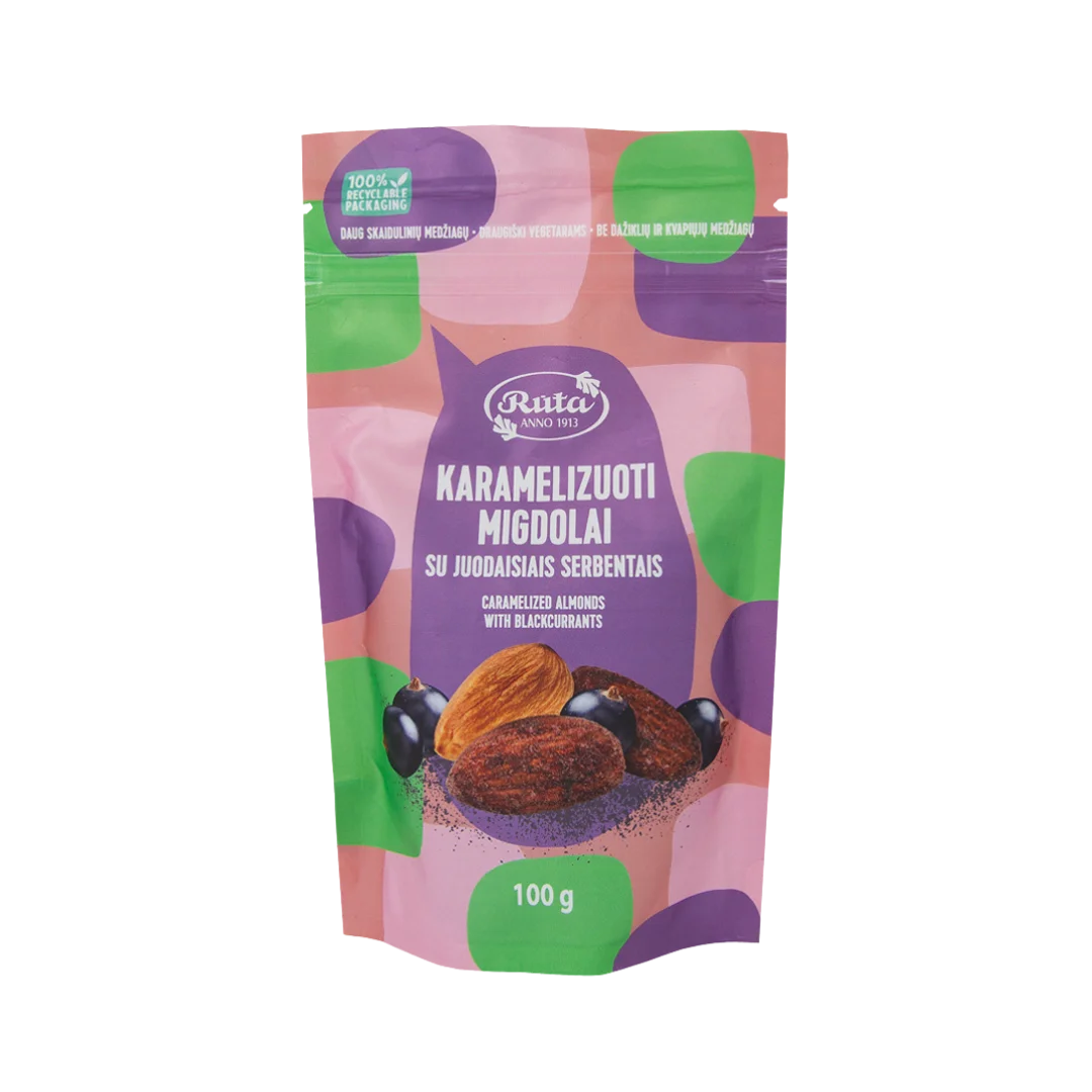 Karamelizuoti migdolai su juodaisiais serbentais, RŪTA, 100 g