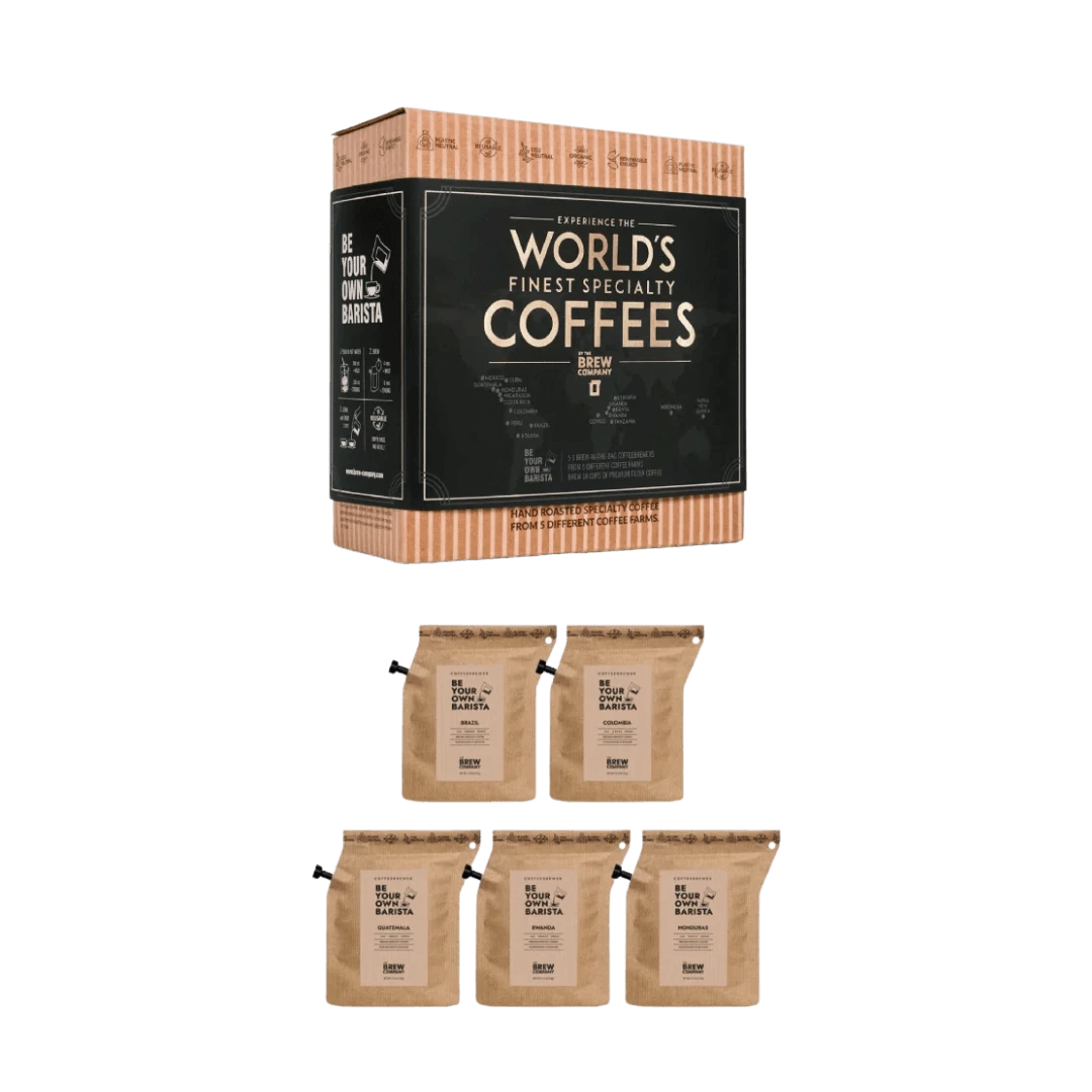 Kavos dovanų rinkinys Coffeebrewer World's Finest Specialty Coffees, THE BREW COMPANY dovanų dėžė su 5 pakeliais kavos pavaizduoti, bonboni kavos rinkinių pasirinkimas